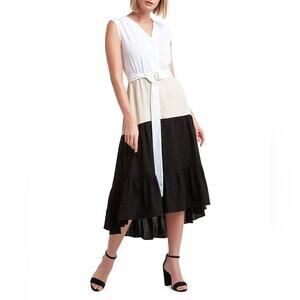 NWT Halston Women's Sleeveless V Neck Tiered Dress White Stone Black Size XL